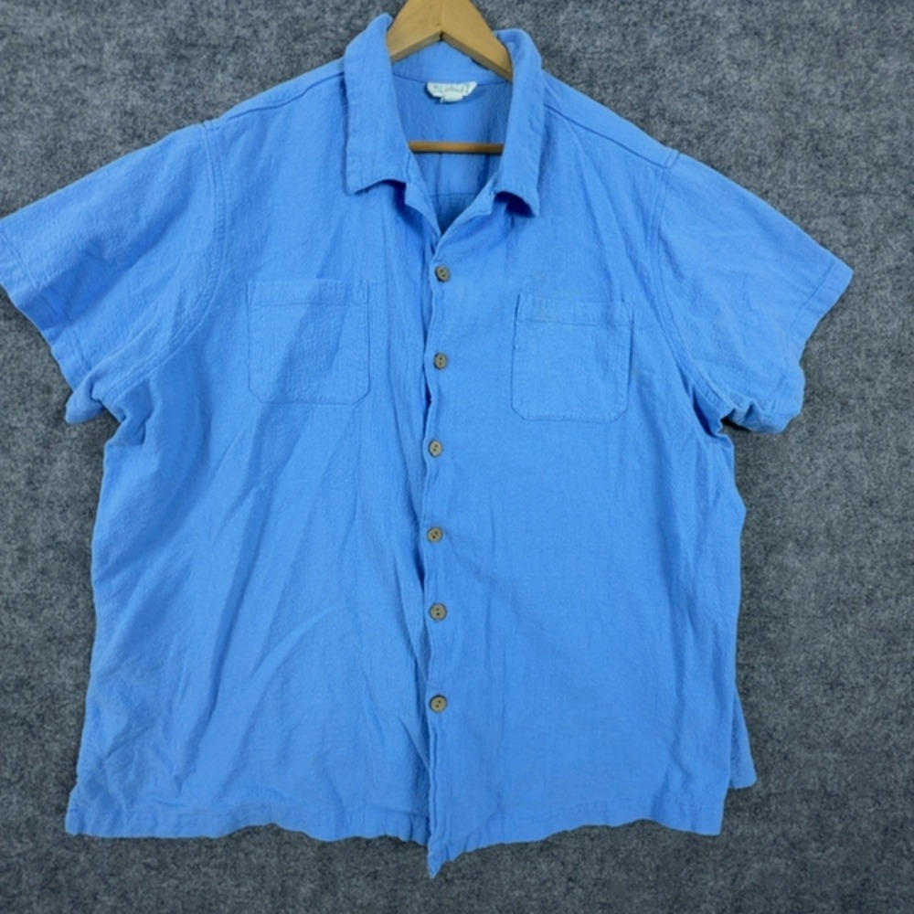 KS Island Button Down Shirt Men 3XL Big Blue Short Sleeve Textured Cotton Pocket